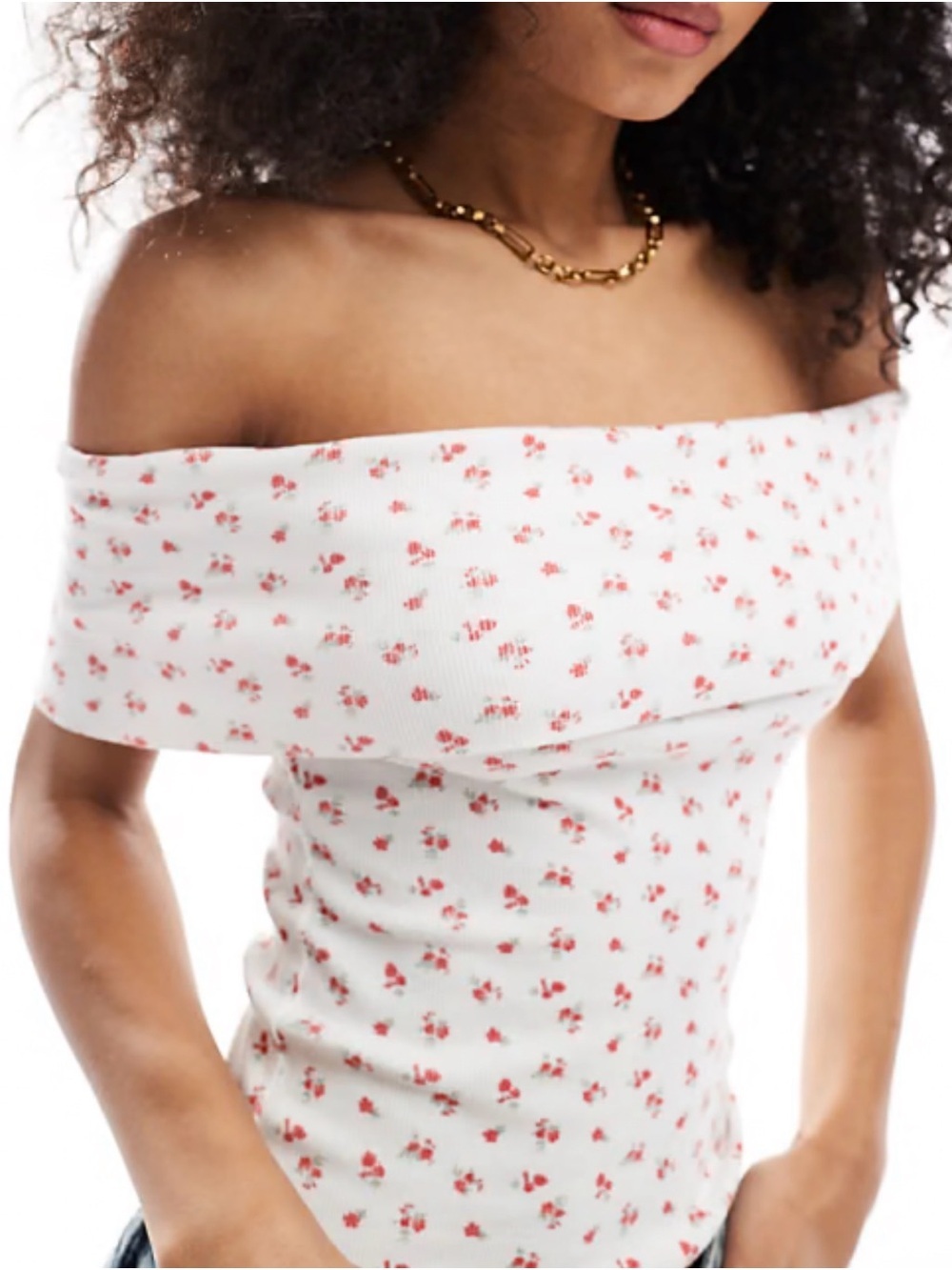 Hollister Off-Shoulder White Ribbed Top with Red Floral Print, Sz Medium